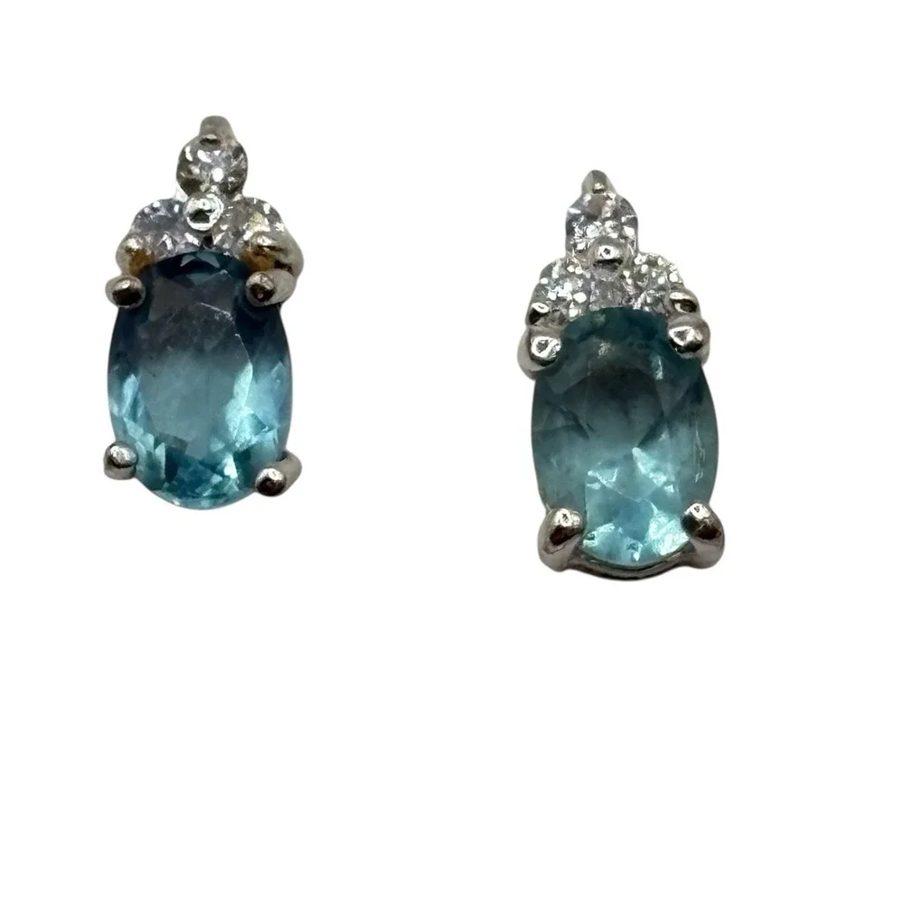 Stimulated Aquamarine Stud‎ Earrings Sterling Sliver 925 CZ Accents Post by FAS